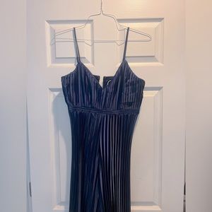 Navy pleated satin jumpsuit